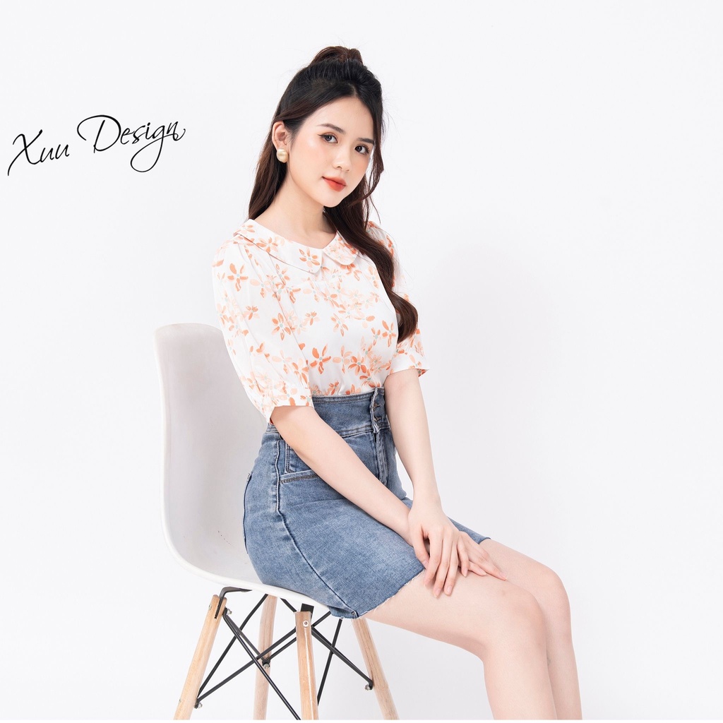 Áo kiểu nữ công sở cổ tròn Xuu, họa tiết hoa nhí nữ tính - Xu14
