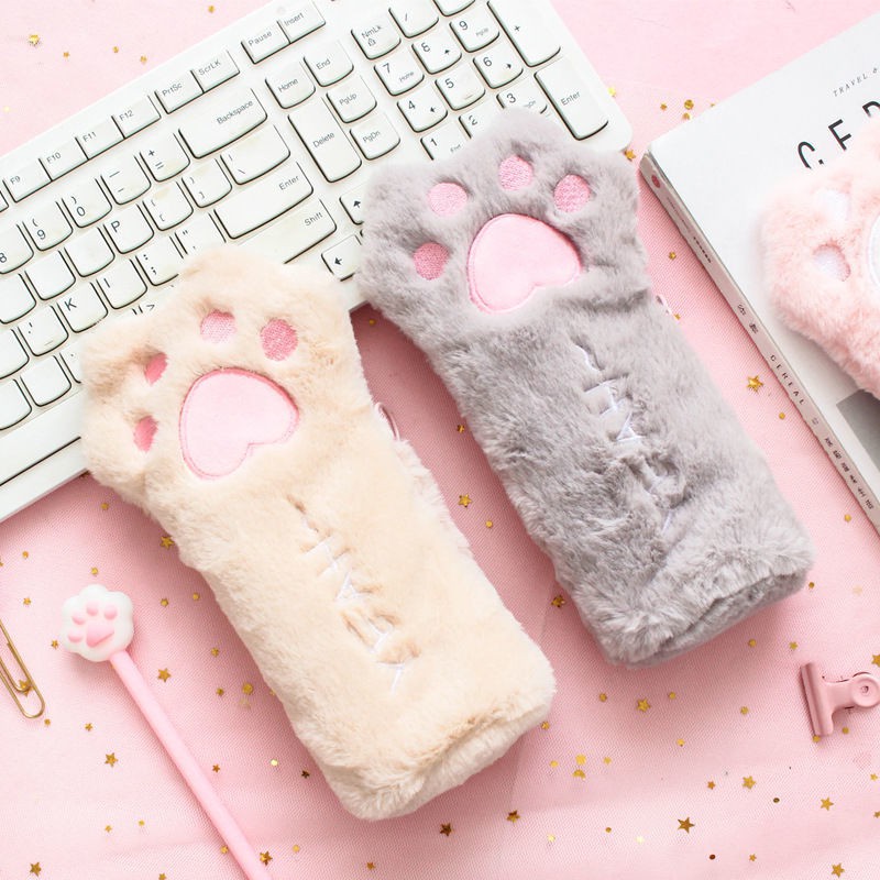 Túi đựng bút hình dấu chân mèo nhồi bông dễ thương sức chứa lớn cho học sinh