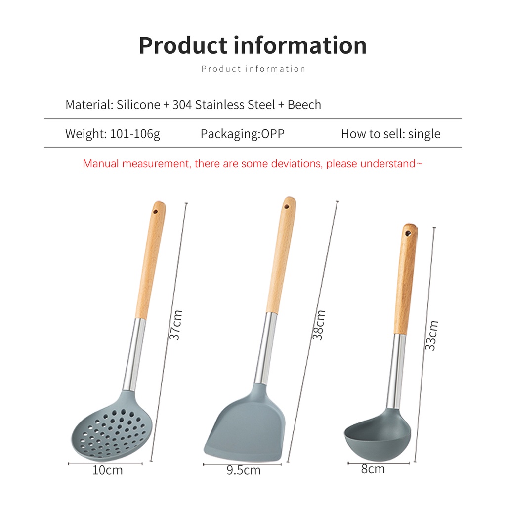 JUJIAJIA nấu ăn bằng silicon tay cầm gỗ dài chống dính tiện dụng nhà bếp