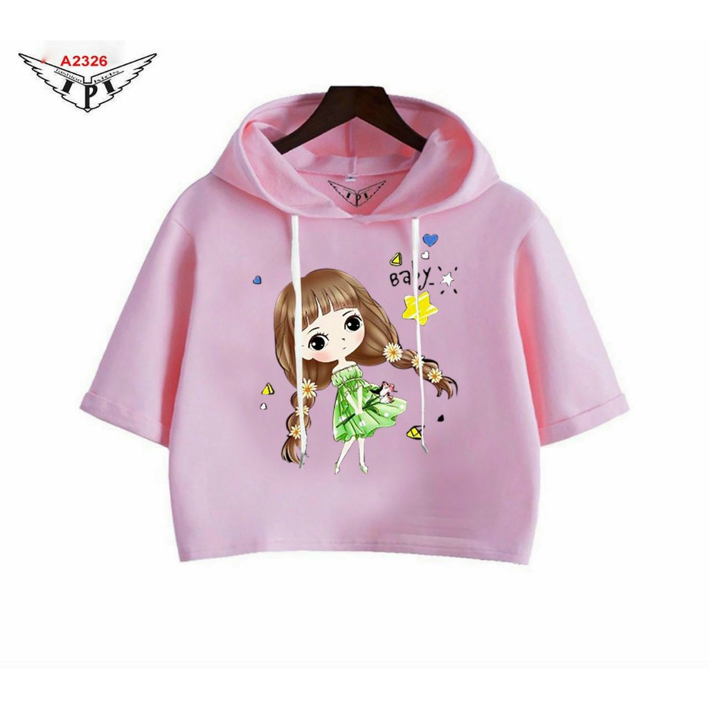 Áo croptop bé gái dạng hodie thun cotton xinh mát size đại cồ