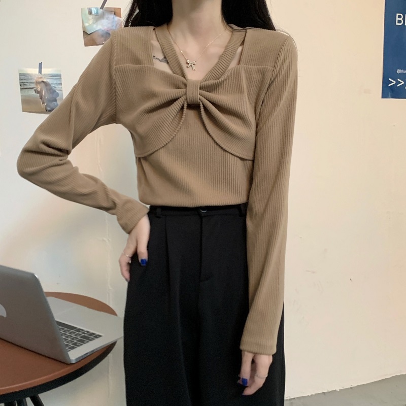 Áo kiểu ZHELIHANGFEI dệt kim tay dài thiết kế thắt nút nơ xinh xắn thời trang dành cho nữ