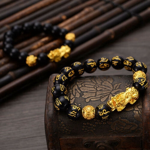 Pixiu Animal Gold Alloy Chinese Dragon Bracelet Black Beads Wealth Lucky Six Words Charms Jewelry