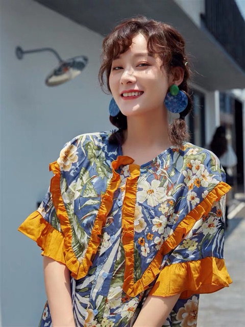 (Ảnh thật) Váy đầm boho hoa thổ cẩm đuôi cá phối bèo tiểu thư Pháp retro vintage