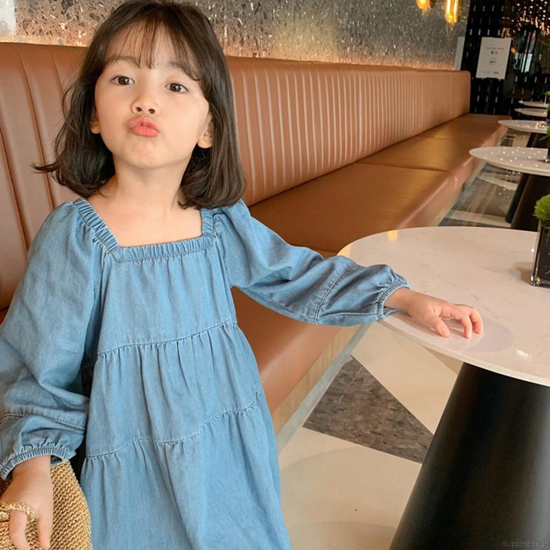 Đầm jean dài đến đầu gối cổ vuông dễ thương thời trang bốn mùa dành cho bé gái