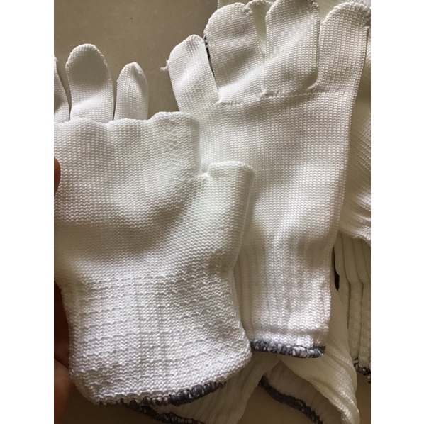 Găng tay bảo hộ lao động sợi poly trắng 50g ôm sát, chống trượt, chống giãn, thao tác linh hoạt (loại dày)
