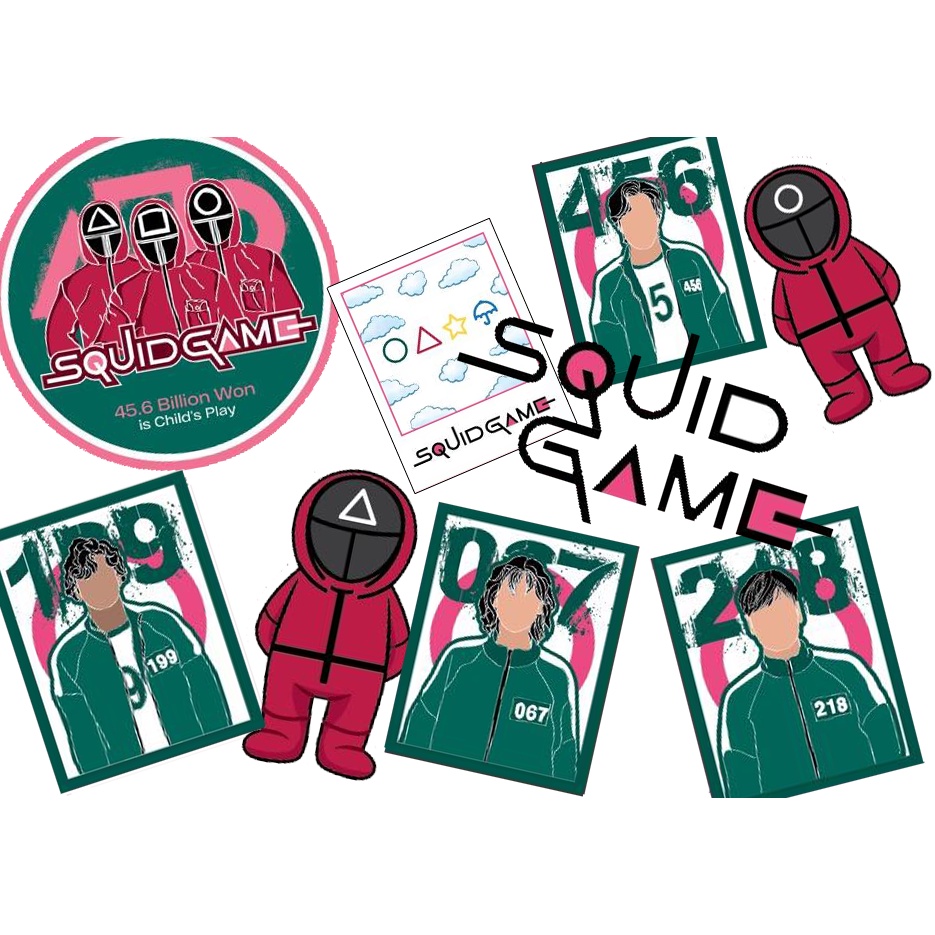 Bộ 13 hình dán sticker Squid Game, hình dán pvc chống nước, hình dán laptop, hình dán xe