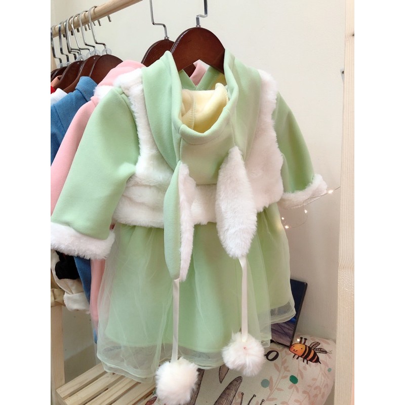 Váy kèm áo khoác ghile lông tai thỏ cho bé gái 8-17kg - Shubishop.vn