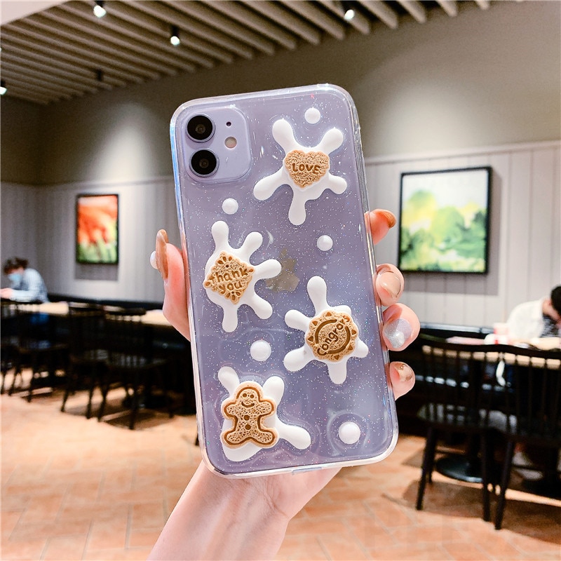 Cute 3D Stereo Milk Cookie Phone Case For OPPO A52/A92 A55 A59 A73/A79/F5 A11/A5 2020 A9 2020/A11X F11/A9/A9X A8/A31 F9/F9PRO/A7X A5/A3S/A12E A92S/RENO4Z A91/F15 A93 5G A72 5G/A53 5G A31/A53 2020 RENO5PRO RENO5/RENO5X Capa Soft Glitter Clear Cover Shell