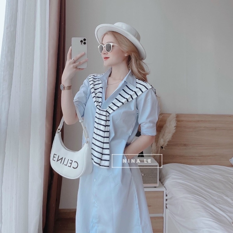 Váy đầm nữ dáng suông phối sọc dể thương, maxi đi biển cổ sơ mi sang trọng quý phái