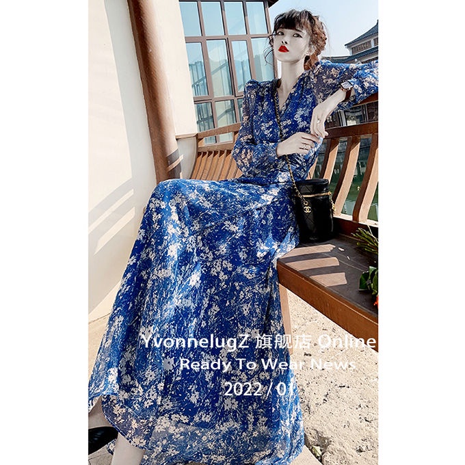 Đầm Voan Hoa Dáng Dài Cổ Chữ v Xẻ Tà Thời Trang Thanh Lịch Cho Nữ