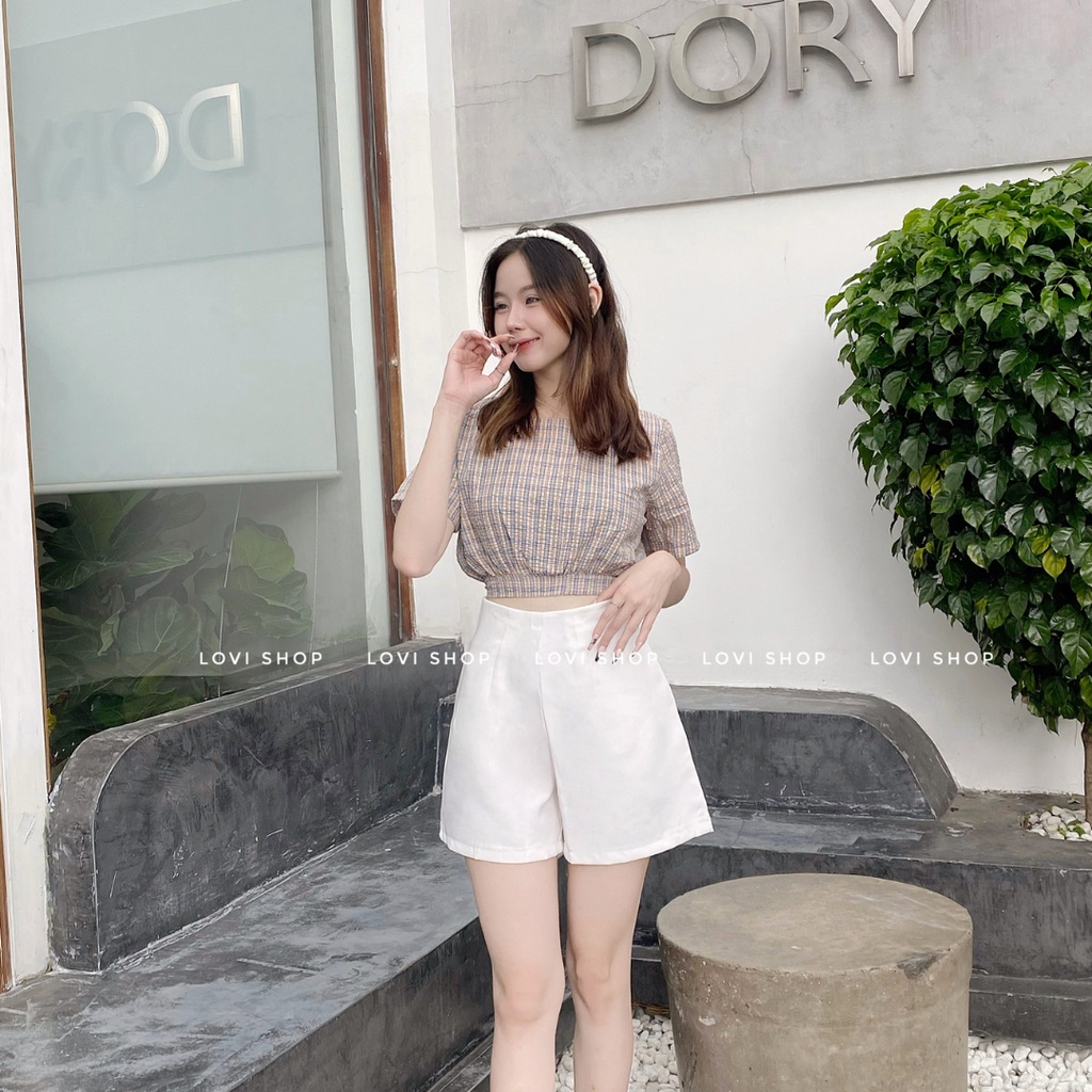 LOVI SHOP- Áo croptop caro nơ lưng cổ vuông tay ngắn cột nơ sau xinh xắn