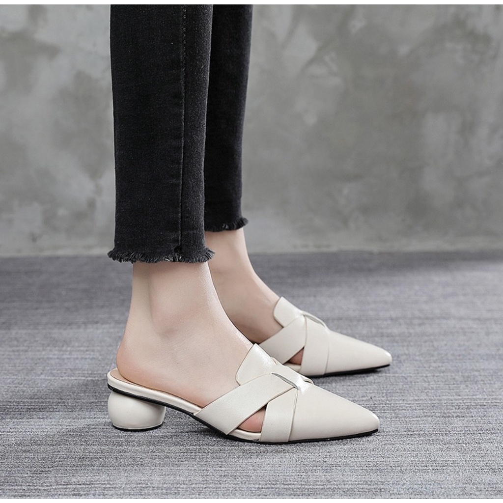 Giày bít mũi gót vuông da lì cao cấp - Giày gót vuông cao 5p - Giày bít mũi