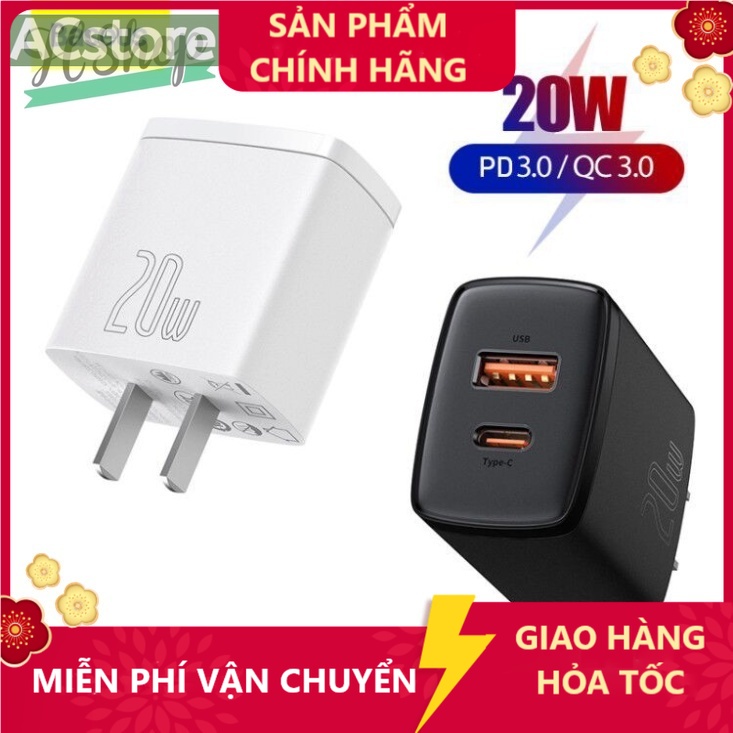 20W Củ Sạc Baseus 20W PD  Baseus Compact Quick Charger 20W (USB + Type C Dual Port, 20W PD/QC 3.0  ACstore