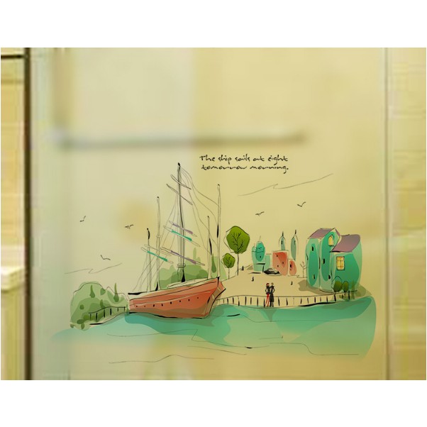 Decal trang trí kính cao cấp Thuyền lớn và nhà ven biển ( 60cm x 58cm )