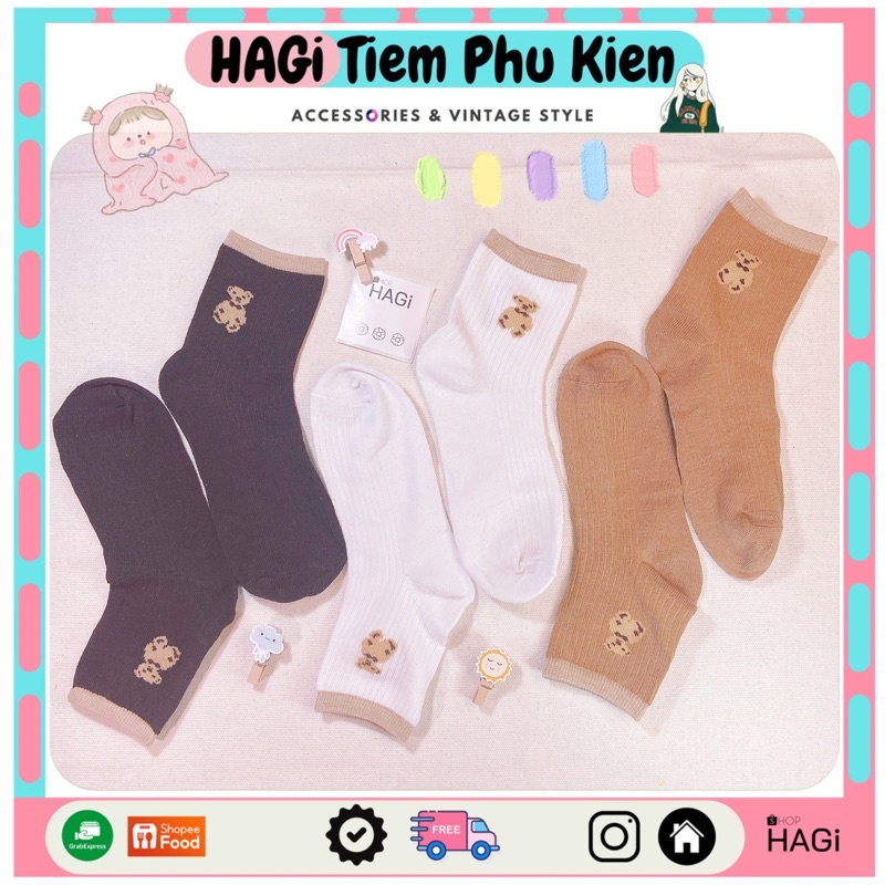 Set 3 Đôi Tất nữ Vintage Gấu teddy Phối màu Dễ thương Phong cách Hàn quốc Học sinh Sinh Viên