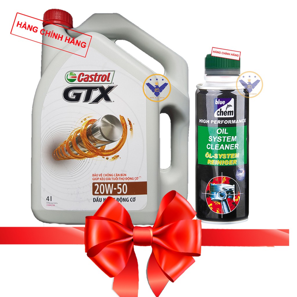 COMBO nhớt ô tô cao cấp Castrol GTX 20W-50 can 4L + Súc rửa động cơ Bluechem 250ml