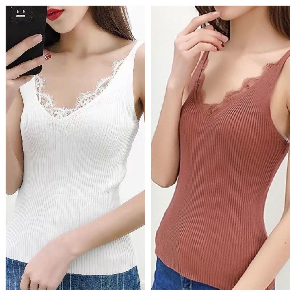 Áo Hai Dây Dệt Kim Plus Size Dáng Ôm Phối Ren Gợi Cảm Cho Nữ | BigBuy360 - bigbuy360.vn