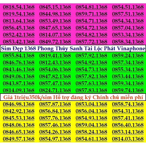 Sim Đẹp VINA Phong thủy 1368 Nhất Tài Lộc Phát GIÁ 1 triệu 350k HỖ TRỢ ĐĂNG KÝ CHÍNH CHỦ MIỄN PHÍ