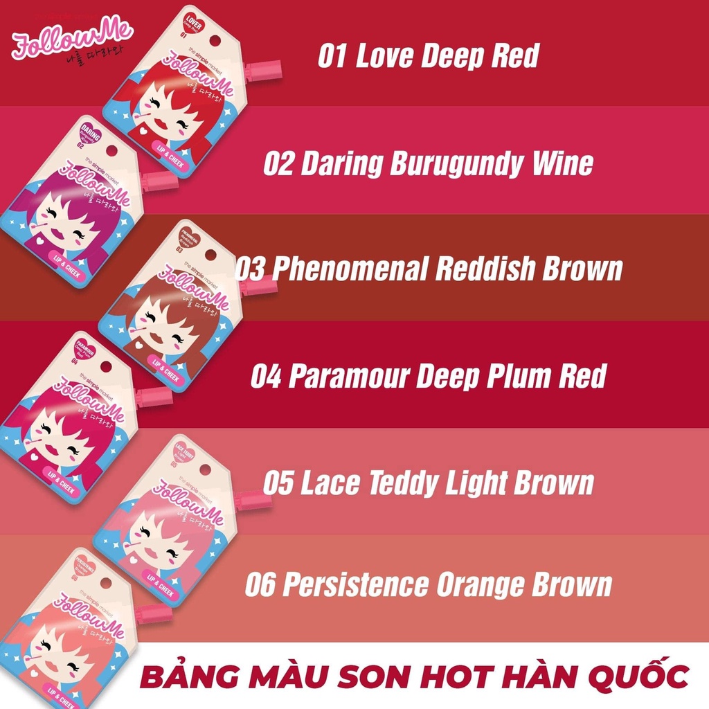 Son Kem Follow Me Hàn Quốc Cam Đất Lỳ Bền màu Lâu trôi Màu Reddish Brown