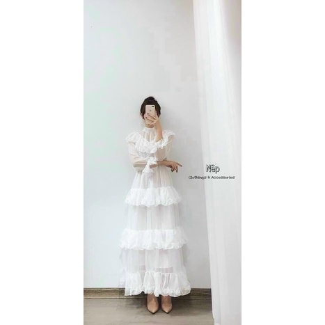 Đầm maxi voan tầng bèo tay dài / Maxi hồng, trắng, đi biển