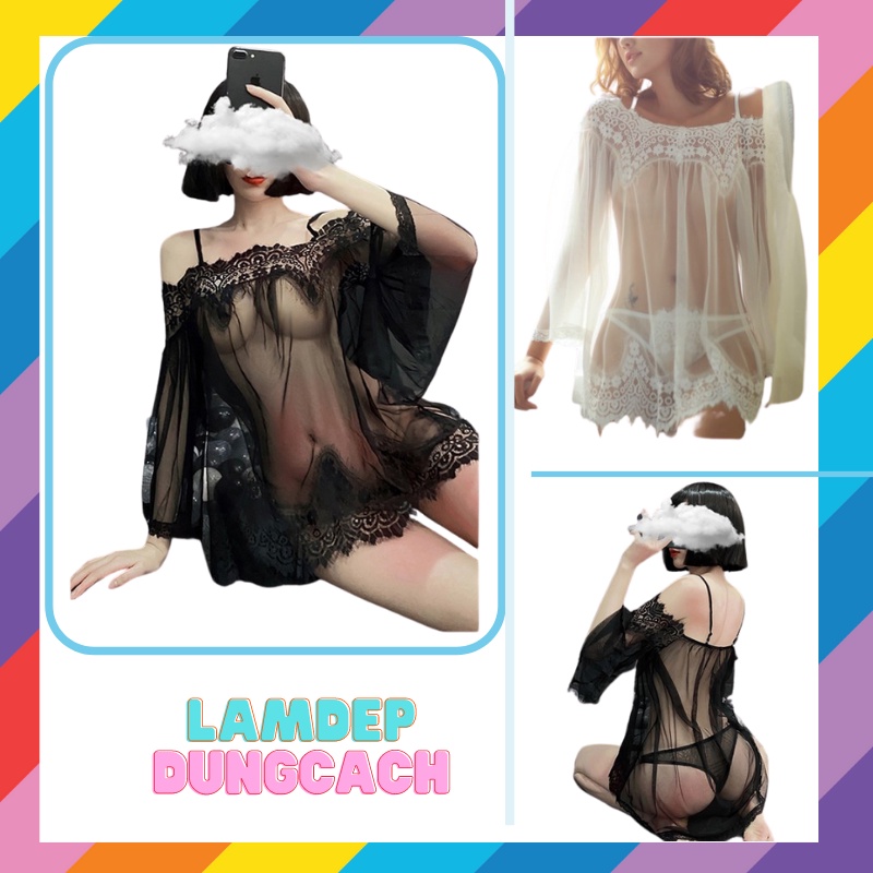 Váy ngủ ren siêu mỏng xuyên thấu trễ vai gợi cảm, đầm ngủ sexy ren quyến rũ khiêu gợi MS1046