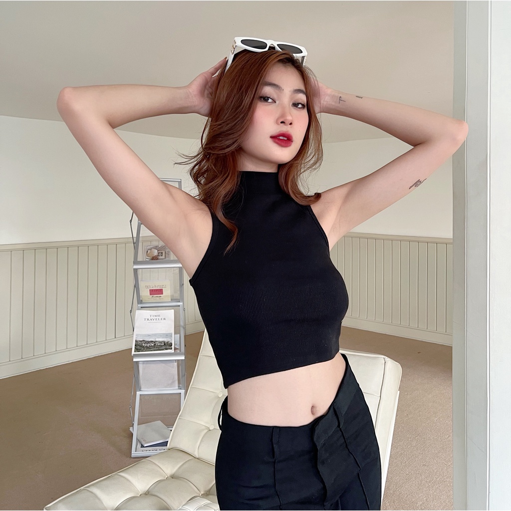 Áo croptop nữ trơn TOPTIFY sát nách cổ lọ thun bo gân co giãn form basic Trip Away Top AC221