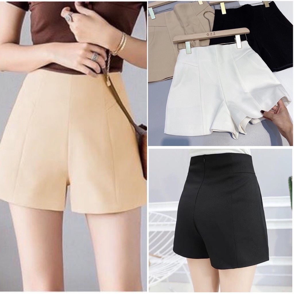 Quần short nữ cạp cao liền dáng ôm gen bụng cá tính có túi khóa sau - Màu Đen Trắng - Quần sooc vải dày đi biển công sở