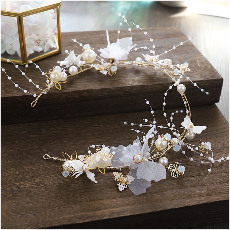 Bộ Băng Đô Cài Tóc + Bông Tai Đính Hoa Và Cánh Bướm Handmade Cho Cô Dâu