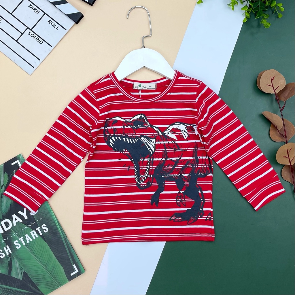 Áo cotton thu đông dài tay kẻ in hình bé trai size 1-10, cho bạn 10-30kg. Chất cotton mềm mại, hình in đẹp, dễ phối đồ