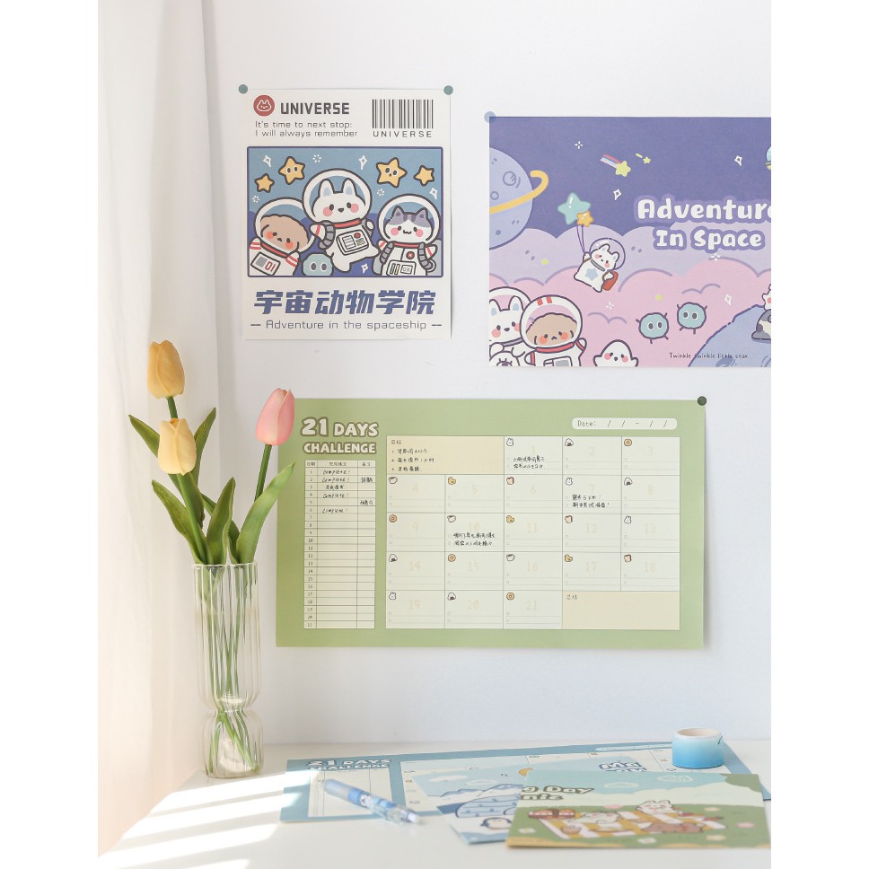 Poster dán tường 21 DAYS habit tracker ảnh dán tường cute dễ thương phụ kiện dồ dùng decor trang trí bàn học phòng ngủ