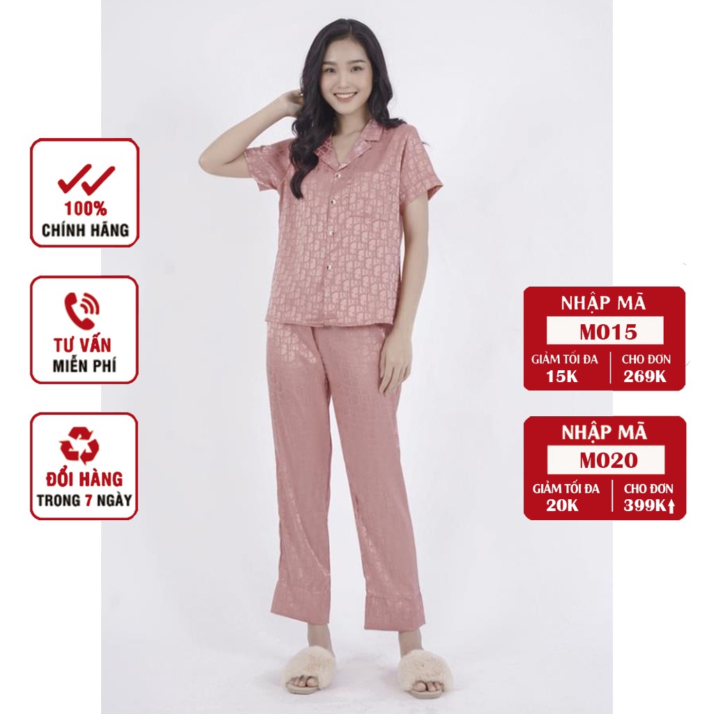 Bộ Ngủ, Đồ Bộ Pijama Vải Lụa Gấm Cao Cấp, Mềm Mại, Thoáng Mát, Thiết Kế Tay Ngắn, Quần Dài - 𝑴𝑰𝑵𝑺𝑯𝑶𝑷