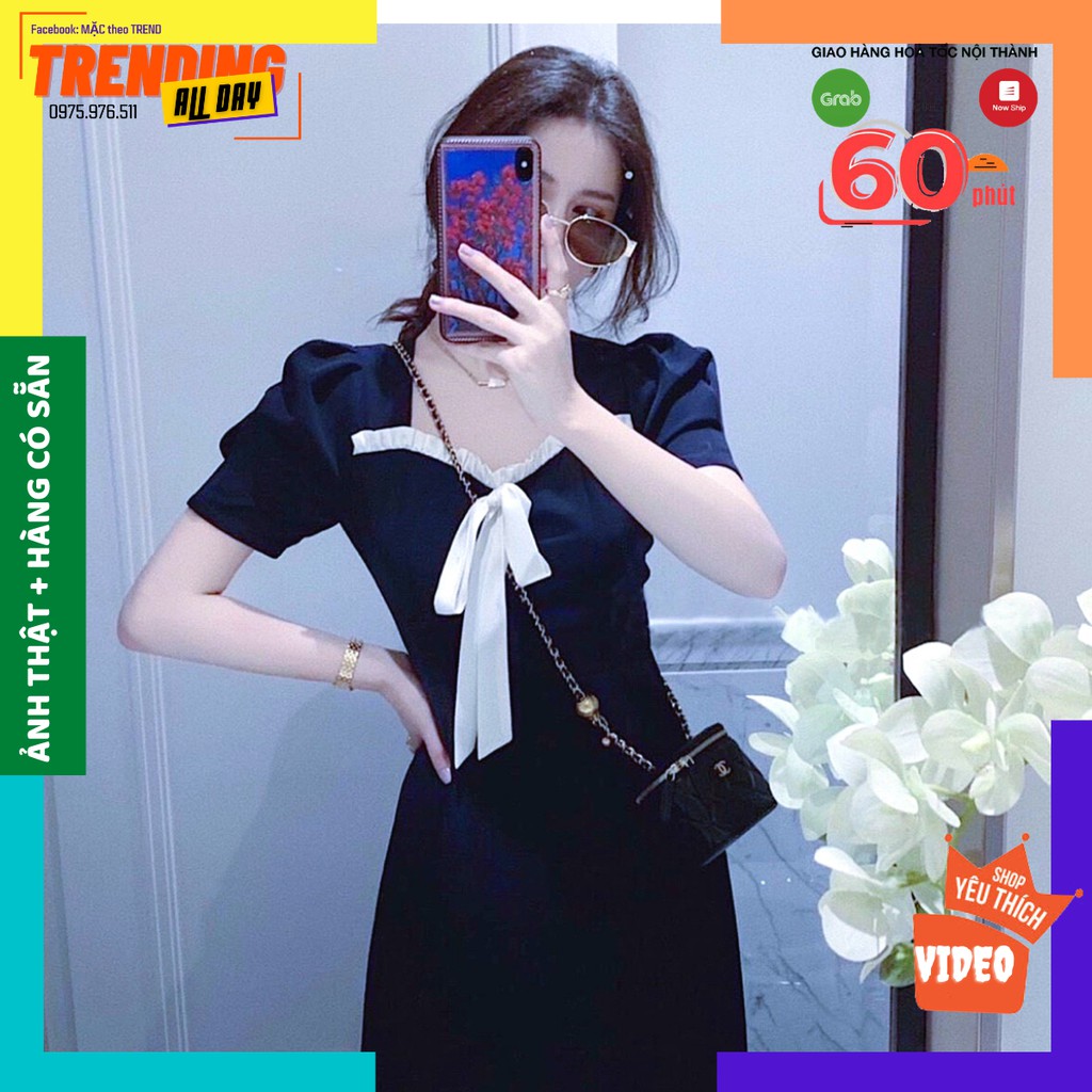 [GIẢM 10K] Đầm dáng chữ A ngắn tay, cổ phối bèo, hoạ tiết nơ đính tiểu thư. Dầm tiểu thư cổ tim sang chảnh tôn dáng | BigBuy360 - bigbuy360.vn