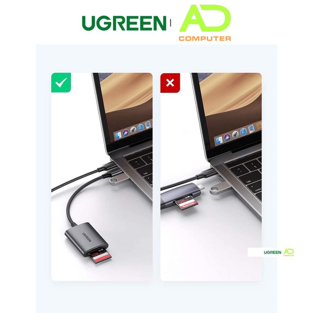 Đầu đọc thẻ SD/TF chuẩn USB 3.1 Type-C Ugreen 80888 vỏ nhôm cao cấp - Hàng phân phối chính hãng