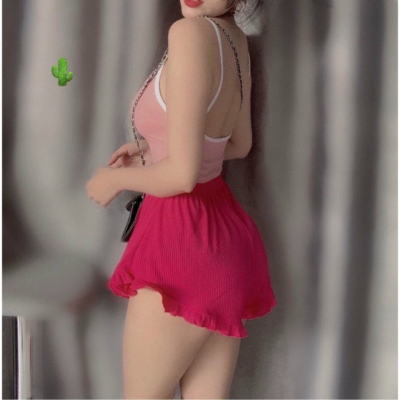 Set bộ áo 2 dây croptop phối quần đùi bèo chất thun gân - S0P