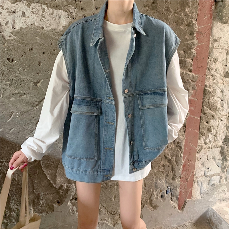 Áo Khoác Denim Không Tay Dáng Rộng Phong Cách Retro Hàn Quốc Cho Nữ