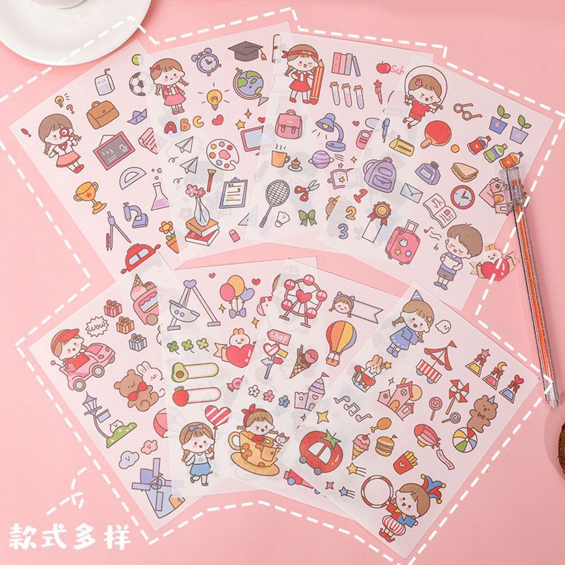 Sticker cute hoạt hình dễ thương HAKI, hình dán cute 4 sticker chống thấm nước trang trí sổ đáng yêu giá rẻ