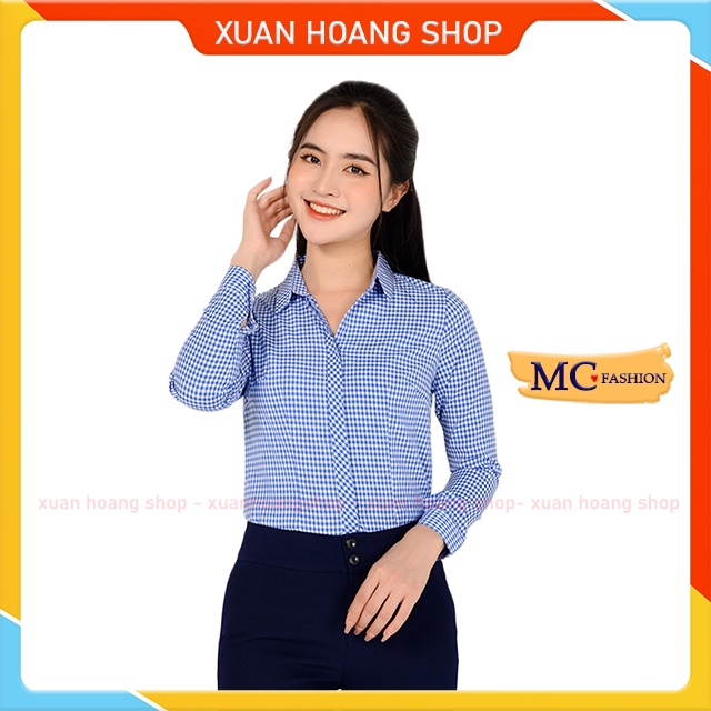 Áo Sơ Mi Kiểu Nữ Công Sở Đẹp Kẻ Sọc Caro, Tay Dài Mc Fashion Size Đủ Chất Mát, Màu Xanh Dương Đen Tím Than, Hồng Đỏ A656