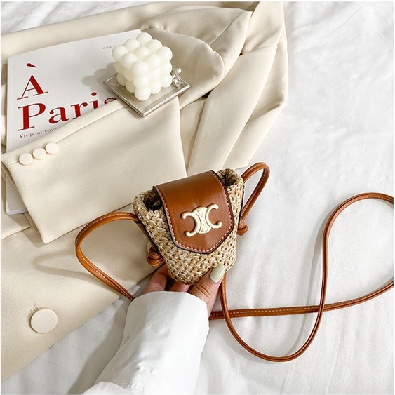 Bán Sỉ Túi cói Vai mini Mùa Hè Mới Arc de Triomphe Bằng Rơm Màu Đỏ Đựng Tai Nghe Cho Nữ