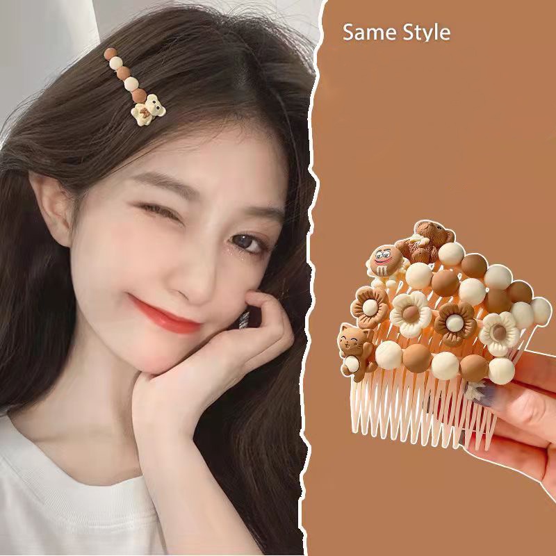 Lược cài tóc gấu hoa thỏ NÂU BE PASTEL đáng yêu dễ thương CA19