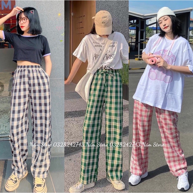 Quần kẻ sọc unisex nam nữ, Quần Caro lưng cao dáng rộng ống suông ulzzang