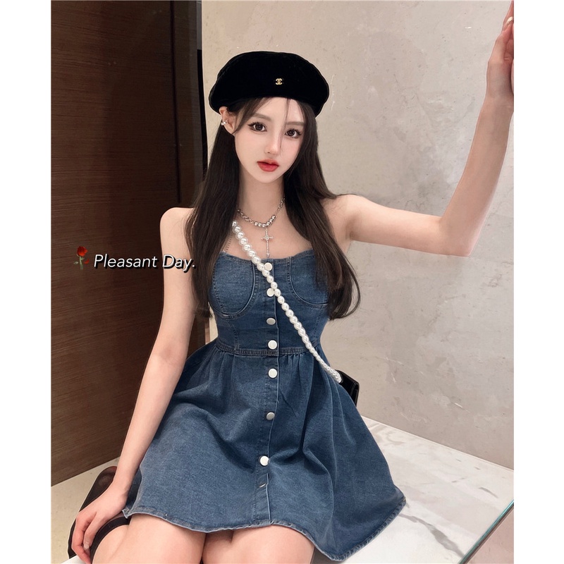 Đầm Denim Sát Nách Hở Vai Thời Trang Mùa Hè Quyến Rũ Cho Nữ