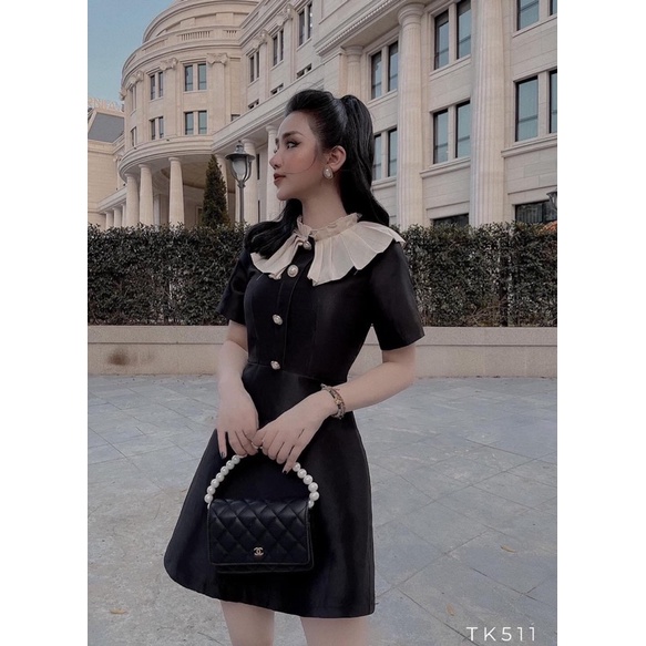 Đầm dự tiệc sang trọng, dạo phố, dáng chữ A, dáng suông, dạng váy cổ bèo tiểu thư vải bố màu đen đủ size