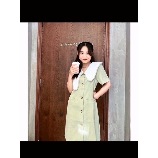 (SALE)Váy suông dáng bút chì màu xanh mint, cổ cách điệu, dây thắt luưng và 2 túi tiện lợi. Đầm tay ngắn có nút doc thân