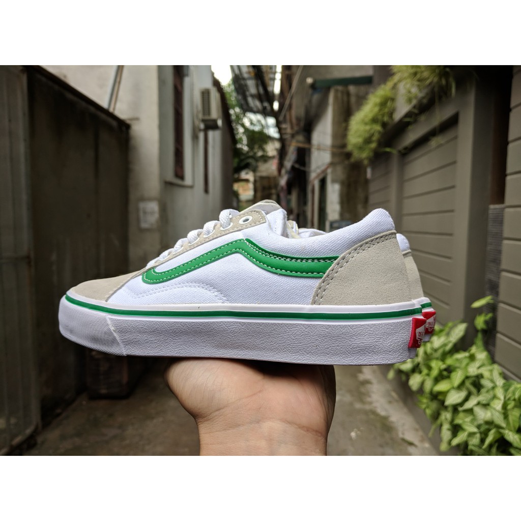 [FREE SHIP] Giày Vans Old Skool màu trắng vạch kẻ sọc xanh lá phối xám