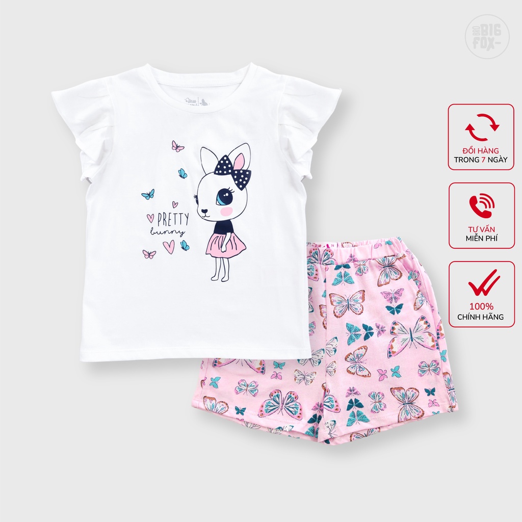 Bộ Quần Áo Bé Gái Size Đại Miss Meow Chất Cotton Tay Xếp Ly In Thỏ Trắng Size Trẻ Em 3,4,5,6,7,8,9,10,11 Tuổi