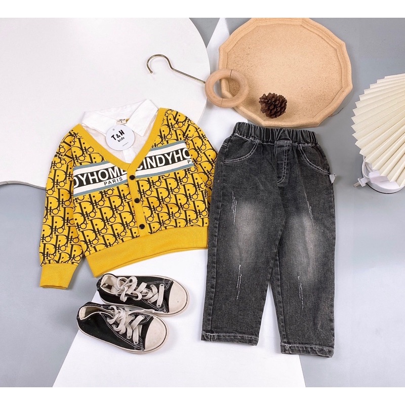 Set bộ bé trai sơ mi cổ đức cùng quần bò jeans in chữ cho bé 6-20kg mã QATEA146