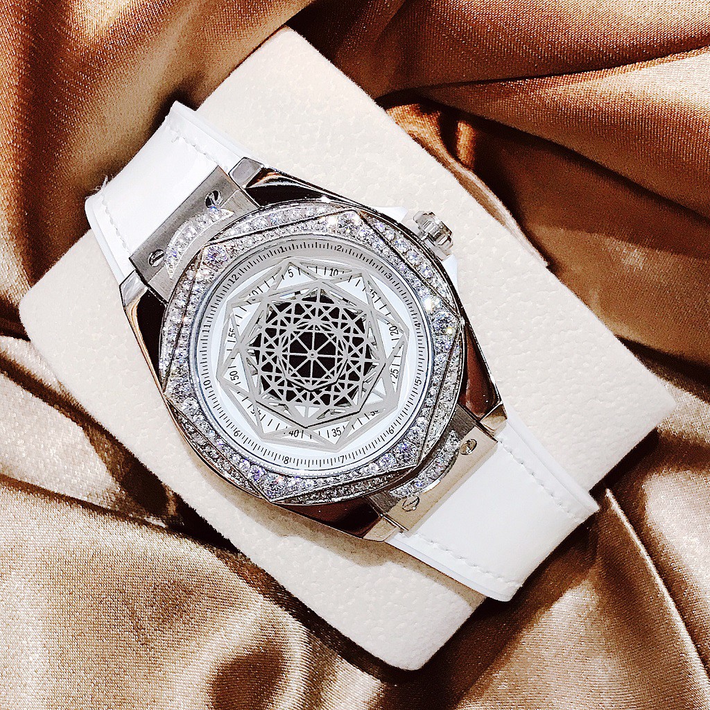 Đồng Hồ Huboler Hanboro Nữ Dây Silicon Bọc Da Trắng Silver Authentic 38mm