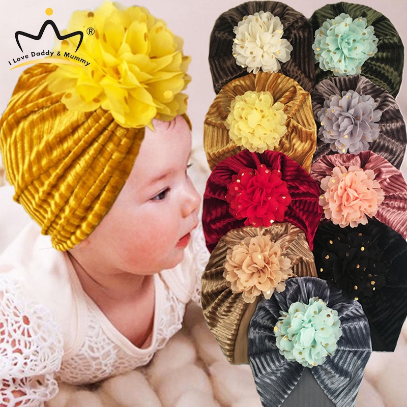 Mũ turban trùm đầu đính hoa to phối kim sa làm phụ kiện chụp ảnh dễ thương cho bé
