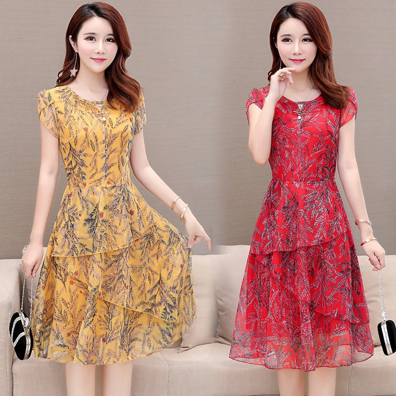 Quần áo trung niên✿﹊Váy liền mẫu mới cho mẹ, ngắn tay người trung niên và già, dáng dài mùa xuân hè 2019