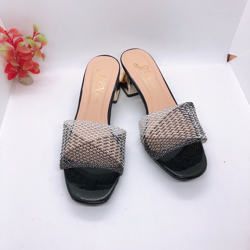 Guốc cao gót 5p màu đồng quai lưới đan